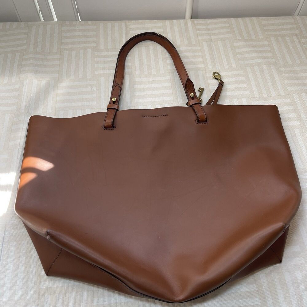 Fossil Rachel Tote Black Coated Leather Shoulder Bag Large Brown